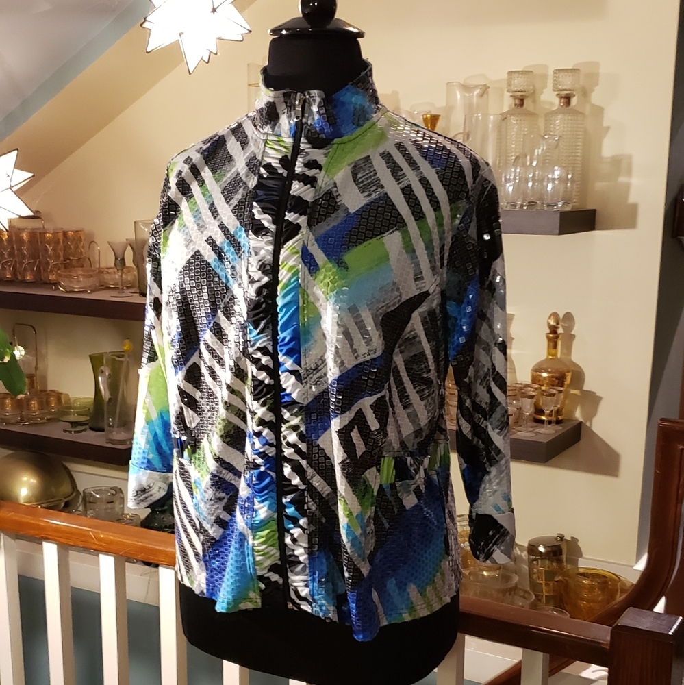Erin London Womens. Sequined Blue And Black Track Jacket